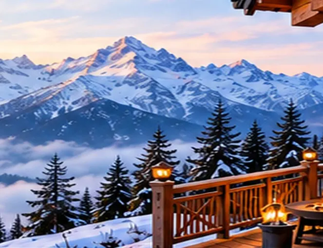 Snowy Himalayas seen from a wooden balcony in Auli